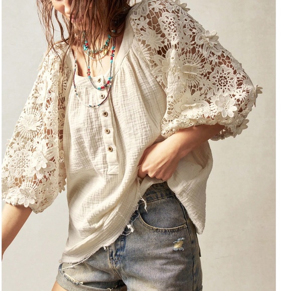 Boho Cotton Floral Embroidered Semi Sheer Puff Sleeve Blouse - Picture 1 of 8